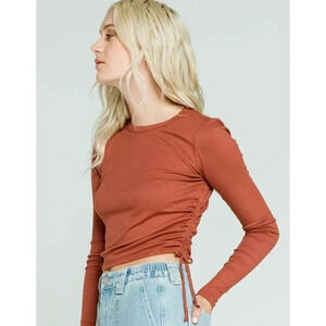 Sky and Sparrow Rust Orange Ribbed Solid Side Cinch Long Sleeve Top M